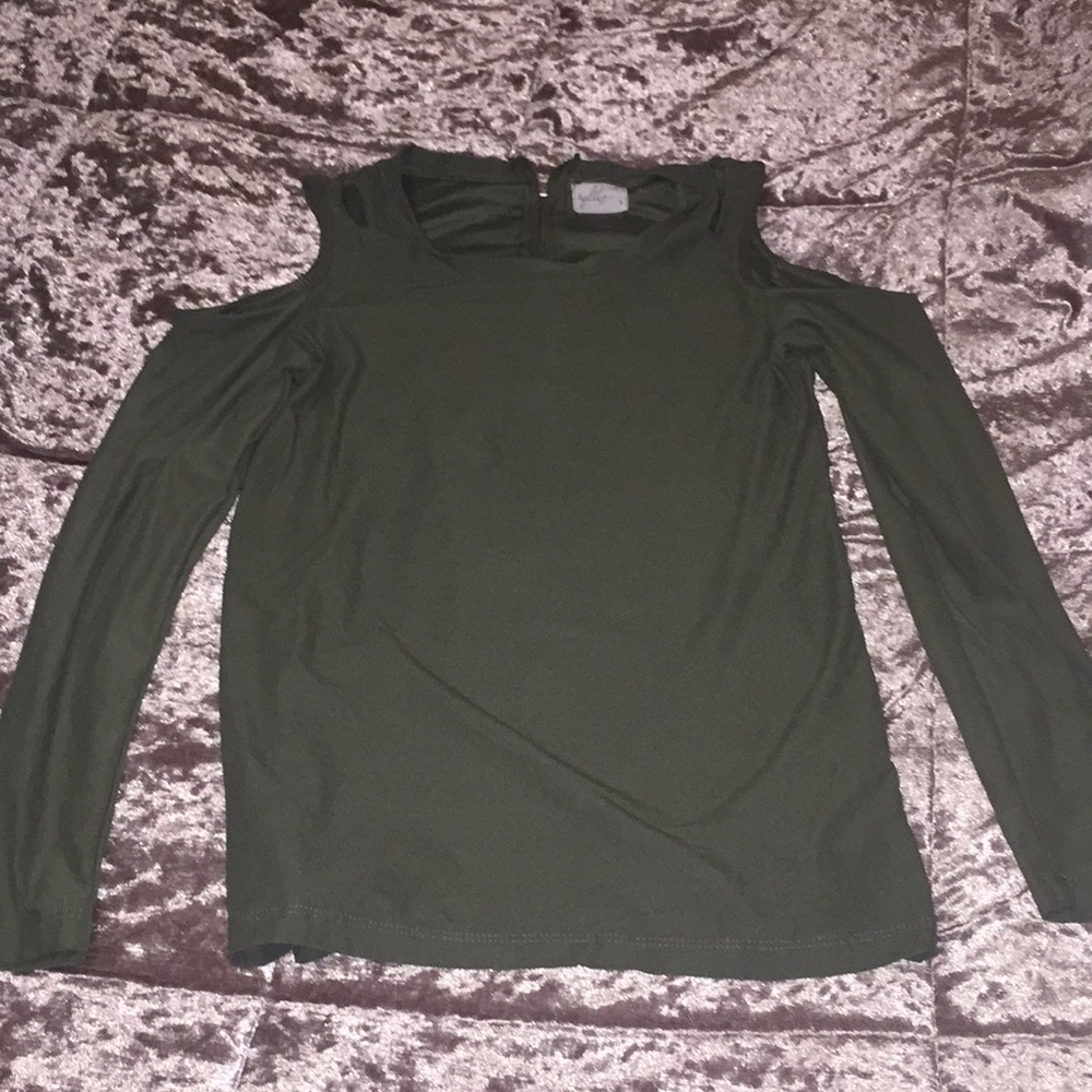 army green off-shoulder shirt